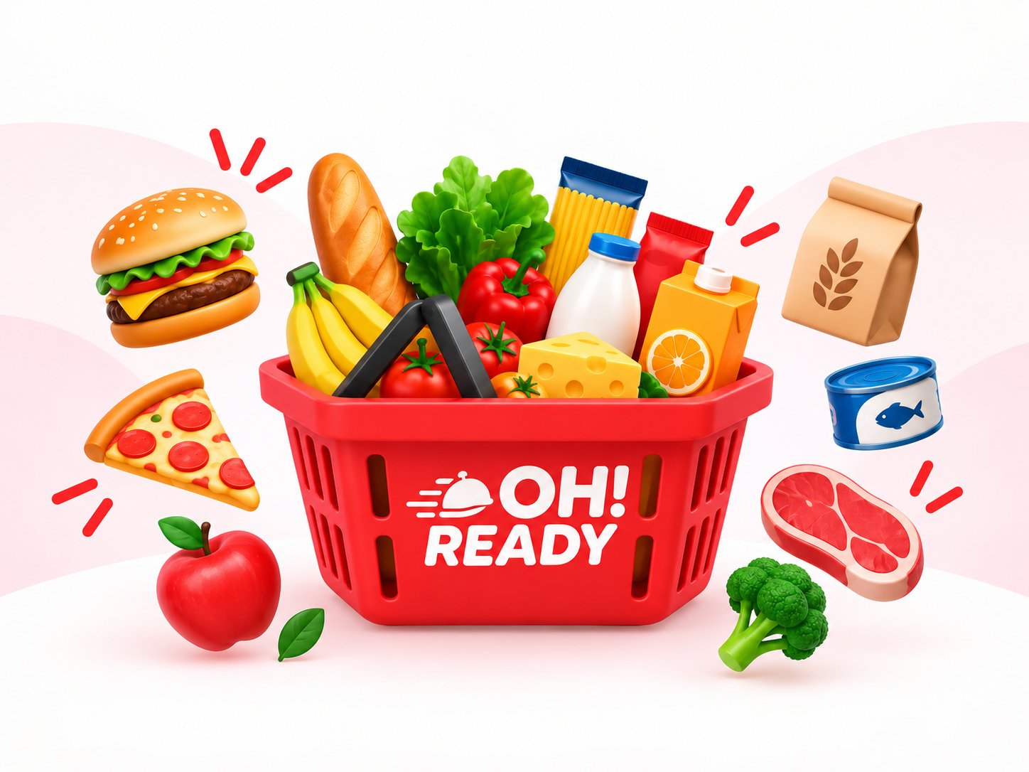 Cesta roja de Oh Ready con restaurantes, supermercados y alimentación